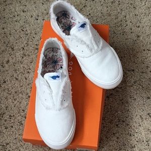 White frayed slip on sneakers